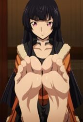 2d ai_generated bangs black_hair coat code_geass code_geass:_roze_of_the_recapture feet foot_focus long_hair purple_eyes shiroppo sumeragi_sakuya toes