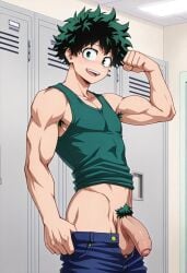 abs ai_generated armpit_hair balls biceps big_balls big_penis blue_jeans blush flexing_arms foreskin gay green_eyes green_hair izuku_midoriya locker_room looking_at_viewer male male_only muscular muscular_male my_hero_academia nipples nude_male pecs penis pubic_hair smile tank_top toned_body toned_male twall97 uncut