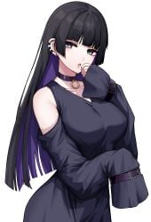 absurdres black_choker black_hair blunt_bangs bocchi_the_rock! breasts choker clothing_cutout colored_inner_hair commentary_request dress ear_piercing female goth_fashion highres kushinaka labret_piercing large_breasts long_hair multicolored_hair pa-san piercing purple_hair shoulder_cutout simple_background sleeves_past_fingers sleeves_past_wrists solo white_background