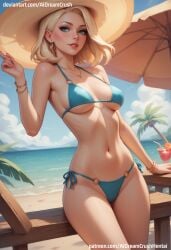 ai_generated aidreamcrush beach beach_umbrella bikini blonde blue_bikini blue_eyes palm_trees side_tie_bikini_bottom sun_hat tagme underboob