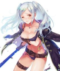 1girls alternate_costume belt bikini black_jacket blush breasts brown_belt brown_eyes brown_gloves cleavage female female female_only fire_emblem fire_emblem_awakening fire_emblem_heroes gloves holding holding_weapon jacket jacket_on_shoulders jewelry long_hair medium_breasts navel necklace nintendo o-ring o-ring_bikini official_alternate_costume one_eye_closed pashiri_(shiripa) purple_bikini purple_swimsuit robin_(female)_(fire_emblem) robin_(female)_(summer)_(fire_emblem) robin_(fire_emblem) simple_background solo stomach swept_bangs swimsuit torn_bikini torn_clothes twintails weapon white_background white_hair