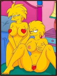 2girls aged_up bed bedroom bedroom_eyes breasts breasts_covered croc_(artist) duo eyelashes female female_only heart human indoors lisa_simpson maggie_simpson nipple pussy_covered seductive seductive_eyes seductive_look seductive_smile the_simpsons valentine's_day voluptuous voluptuous_female yellow_skin
