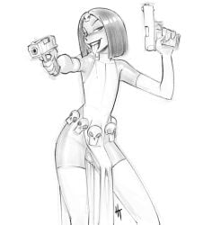 bare_shoulders dress dual_wielding elbow_gloves femboy genderswap_(ftm) gun handgun henshintiger marvel monochrome mystique pelvic_curtain penis x-men