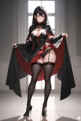 1girls ai_generated big_breasts black_dress black_hair blush cloak clothed_female dress full_body garter_straps high_heels lifting_clothing light-skinned_female light_skin lingerie long_hair original_character panties silver_eyes skirt skirt_lift stable_diffusion stockings thick_thighs thighhighs