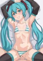 1boy aqua_eyes aqua_hair armpits arms_up bare_shoulders bikini black_sleeves blush clenched_teeth detached_sleeves female hatsune_miku hatsune_miku_(collared_bikini) navel overused23 panties_aside sex sweat thighhighs twintails vaginal_penetration vocaloid