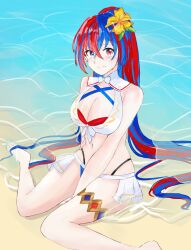 1girls alear_(female)_(fire_emblem) alear_(female)_(seaside_dragon)_(fire_emblem) alear_(fire_emblem) alternate_costume alternate_hairstyle beach bikini blue_bikini blue_eyes blue_hair blue_swimsuit breasts cleavage closed_mouth criss-cross_halter crossed_bangs female female_only fire_emblem fire_emblem_engage fire_emblem_heroes halterneck heterochromia highres large_breasts latte_bf long_hair multicolored_bikini multicolored_clothes multicolored_hair multicolored_swimsuit nintendo ocean official_alternate_costume official_alternate_hairstyle outdoors ponytail red_bikini red_eyes red_hair red_swimsuit smile solo split-color_hair swimsuit two-tone_hair white_bikini white_swimsuit