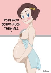 1girls ass belly big_belly blue_eyes breasts brown_hair female female_only grace_(pokemon) hairy_pussy human human_only lactation lingerie lipstick milf milk negligee nintendo pokemon pokemon_xy pregnant ready_to_pop source_request text watermark