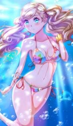 1girls anisdrawn ann_takamaki bikini blonde_hair blue_eyes high_res long_hair persona persona_5 side-tie_bikini_bottom swimsuit takamaki_anne twintails underwater