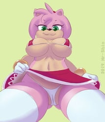 2019 accessory amy_rose anthro breasts cameltoe clitoris eulipotyphlan eyelashes female female_only furry gloves green_eyes hair_accessory hairband hedgehog highres looking_at_viewer low-angle_view mammal nipple_outline panties pink_hair pussy shinsuke short_hair signature simple_background smile solo sonic_(series) thighhighs underwear upskirt upward_angle_between_legs