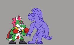 2018 animated anon anthro biped blue_eyes boxing boxing_gloves cape clothing digital_media_(artwork) diskwuzting dragon duo fangs footwear fukkpuncher gif green_skin grey_background hair humanoid_penis humor male mohawk parody penis pink_hair pixel_art plantigrade punching sharp_teeth simple_background size_difference smile sport standing teeth toony torn_clothing yaoi