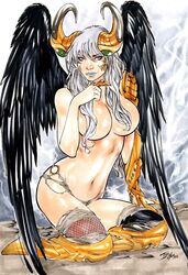 2018 angelus big_breasts black_wings boots breasts busty cliff curvaceous curvy dated ed_benes_studio fishnet fishnets grey_eyes grey_lips grey_lipstick grey_panties hair_covering_breasts horns iago_maia image_comics kneeling long_hair panties signature stockings the_darkness top_cow topless voluptuous white_hair wings