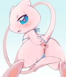 2024 absurd_res anthro anus bikini biped blue_bikini blue_clothing blue_eyes blue_swimwear blush blush_lines clothed clothing cotora dated female flat_chested generation_1_pokemon heart_eyes heart_symbol hi_res legendary_pokemon looking_at_viewer looking_back looking_back_at_viewer mew mew_(pokemon) micro_bikini nintendo nipple_outline open_mouth pawpads pink_body pokemon pokemon_(species) pussy_peek rear_view signature solo spread_anus spreading string_bikini swimwear tail two-piece_swimsuit