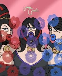 2d 3girls bayonetta bayonetta_(character) bayonetta_2 bayonetta_3 beehive_hairdo big_breasts big_lips black_hair blue_lips blue_lipstick buchukisu clothed clothed_female commission drill_hair female female_focus female_only glasses guavagrunt huge_breasts huge_lips kiss_mark kissing lips lipstick lipstick_mark long_hair mature mature_female milf multiple_girls necklace nipple_bulge nipples_visible_through_clothing pov pov_kiss purple_lips purple_lipstick rainbow_party red_lips red_lipstick seductive seductive_look sega short_hair simple_background twintails video_games