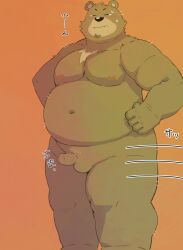 2024 absurd_res anthro arufina_w bear belly big_belly blush brown_body brown_fur closed_eyes fur genitals hi_res japanese_text kemono male mammal moobs navel nipples orange_background overweight overweight_male penis simple_background small_penis solo text