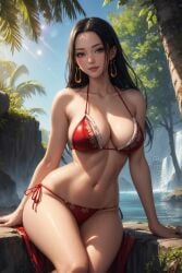 1girls ai_generated belly_button big_breasts bikini black_hair boa_hancock curvy earrings female female_only large_breasts light-skinned_female light_skin long_hair looking_at_viewer mature_female maxartison nature navel one_piece red_bikini sitting thighs