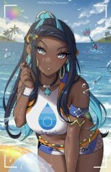 black_hair blue_eyes blush clenched_teeth dark-skinned_female dark_skin ear_piercing earrings female_only hoop_earrings jewelry long_hair looking_at_viewer medium_breasts multicolored_hair necklace nessa_(pokemon) pokemon ryuuneart short_hair solo_focus thick_thighs thighhighs thighs two_tone_hair uncensored wide_hips