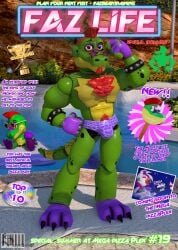 1boy advertisement alligator alligator_tail alligatorid alligatorid_humanoid animatronic anthro beard biceps bulge chest_tuft crocodile crocodile_tail crocodilian crocodylid english english_text facial_markings five_nights_at_freddy's five_nights_at_freddy's:_security_breach fnaf glamrock_chica_(fnaf) green_body looking_at_viewer machine magazine magazine_cover male male_focus male_only mohawk mohawk_(hairstyle) montgomery_gator_(fnaf) muscular muscular_male non-human plush plushie pool poolside posing posing_for_picture posing_for_the_viewer pubic_hair raised_eyebrow red_hair reptile reptile_humanoid robot robot_humanoid robot_joints scottgames sondinker_fazbear's spiked_bracelet spotted_body steel_wool_studios summer sunglasses sunglasses_on_head tail two_tone_body