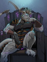 2018 animal_genitalia animal_penis anthro armor badcoyote balls black_penis buttplug chair claws clothing dairuga dragon erection grey_scales hair hi_res horn knot looking_at_viewer male male_only penis precum purple_eyes scales sex_toy simple_background sitting smile solo throne