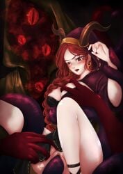 1girls big_breasts blush breast_grab breasts clitoris earrings female fiona_gilman hastur_the_feaster_(identity_v) hood horns identity_v long_hair monster penetration ponytail pussy red_eyes red_hair sex tentacle tentacle tentacle_sex