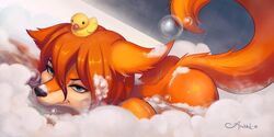 amarihel artist ass bathroom detailed_background eyes_open female female_only fox fur furry furry_ass furry_ears furry_tail hair hi_res shower smile solo toes toy water wet