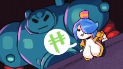 1girls 2024 angry big_breasts blue_hair bodyguard breasts cadence_(enter_the_gungeon) clothed eduardo_squidwardo enter_the_gungeon hi_res leaning_forward merchant money ox_(enter_the_gungeon) robot smile speech_bubble thesquiddycipher uniform