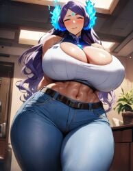1girls ai_generated alternate_breast_size arms_behind_back belt blush brighid_(xenoblade) chest_jewel cleavage closed_eyes curvy fiery_hair forehead_mark from_below gem gigantic_breasts huge_breasts indoors jeans living_room long_hair looking_at_viewer mature_female monolith_soft muscular_female narrow_waist nintendo purple_hair scenery shiny_skin sports_bra stable_diffusion sweat thick_thighs video_games wide_hips xenoblade_(series) xenoblade_chronicles_2