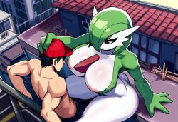 1boy ai_generated areola_slip assertive_female big_breasts cowgirl_position duo female from_above gardevoir human human_on_anthro male/female mullon novelai pok&eacute;mon pokemon pokemon_(species) pokephilia rooftop