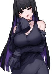 bare_shoulders black_choker black_dress bocchi_the_rock! breasts choker colored_inner_hair covered_navel dress ear_piercing female forked_tongue green_eyes highres kushinaka large_breasts long_sleeves looking_at_viewer multicolored_hair open_mouth pa-san piercing purple_hair simple_background solo teeth tongue tongue_out upper_teeth_only white_background