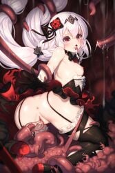 absurdres after_fellatio anus ass bad_id bad_pixiv_id black_dress black_gloves black_thighhighs breasts cum cum_in_mouth dress female flower gloves hair_flower hair_ornament highres honkai_(series) honkai_impact_3rd long_hair looking_at_viewer looking_back nipples open_mouth penis pussy red_eyes red_flower red_rose rikume rose slime_(substance) small_breasts solo strapless strapless_dress tentacle tentacle_pit tentacle_sex theresa_apocalypse theresa_apocalypse_(luna_kindred) thighhighs tongue tongue_out torn_clothes very_long_hair white_hair