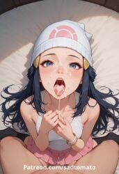 ahe_gao ai_generated cum cum_in_mouth cum_inside cum_on_face dawn_(pokemon) eye_contact hi_res high_resolution nintendo open_mouth patreon petite pokemon pov pov_eye_contact pov_male sadtomato sitting_on_bed tongue tongue_out