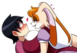 1boy ai_generated anthro assertive_female female huge_breasts human_on_anthro imminent_sex mature_female milf mullon nervous novelai rabbit rabbit_ears rabbit_girl rabbit_humanoid rabbit_tail sega simple_background sonic_(series) vanilla_the_rabbit voluptuous