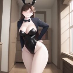 1girls ai_generated blush breasts brown_hair bunnysuit classroom exposed_breasts female female_only fluffy human jaiden jaiden_animations jaidenanimations playboy_bunny pussy smile solo white_body