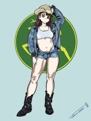 1girls akko_kagari artist_signature brown_eyes brown_hair calvin_klein cowboy_boots cowboy_hat denim_shorts exposed_midriff ironsiderodger jacket john_deere legs light-skinned_female light_skin little_witch_academia