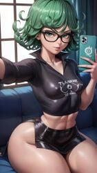 ai_generated breasts butt child_bearing_hips covered_nipples glasses hourglass_figure looking_at_viewer midriff miniskirt nsfw one-punch_man selfie selfie_pose shirt sitting skirt sky4maleja small_breasts smartphone smile_at_viewer tatsumaki thick_ass thick_legs thick_thighs upper_body waist