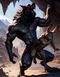 ai_generated anal anal_sex anal_sex anthro_on_anthro canine cave cum_inside cum_inside_ass duo gay looking_pleasured male_on_male muscular_male orgasm_face rabbit realistic solo werewolf wolf