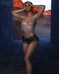 3d 3d_(artwork) 4k ambus3d black_hair blender blender_(software) blender_cycles breasts closed_eyes cyberpunk_2077 hi_res highres human humanoid jean_shorts jeans loose_clothes nipples no_bra outdoors outside panam_palmer pinup portrait pose posing see-through see-through_clothing see-through_top short_shorts shorts tan_body tan_skin tattoo thighs wallpaper watermark