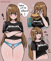 ! 1girls absurd_res artist_name bags_under_eyes band_shirt belly big_breasts black_shirt blue_panties blush breasts brown_eyes brown_hair burger closed_eyes closed_mouth cropped_torso crossed_arms eating energy_drink food frown hi_res long_hair merchandise metallica midriff monster_energy multiple_views my_melody nail_polish navel neet neet_girl_(noiretox) noiretox onegai_my_melody original panties parted_lips plump sanrio shirt simple_background solo speech_bubble sweat t-shirt thighs underwear very_long_hair watermark weight_conscious