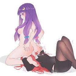 13o 2girls ankle_grab areolae ass ass_grab bangs barefoot big_ass blunt_bangs blush bottomless clothed_female_nude_female completely_nude cunnilingus drawn facesitting female_only hair_ornament hands_on_ass happy kneeling koakuma leg_grab light-skinned_female long_hair looking_back messy_hair multiple_girls nipples no_bra no_panties patchouli_knowledge purple_eyes purple_hair red_hair ribbons sideboob sitting_on_face smile soles straddling thick tied_hair toe_curl toe_scrunch toes topless touhou trembling very_long_hair white_skin yuri