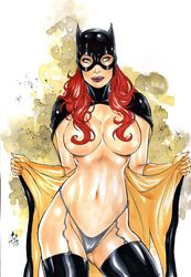 1girls 2018 abstract_background barbara_gordon batgirl batman_(series) big_breasts black_cape blue_eyes breasts busty cape cowl curvaceous curvy dated dc dc_comics ed_benes_studio female female_only garter_straps gloves grey_panties hair_covering_breasts human junior_maia long_hair mask midriff navel nipples panties pink_nipples red_hair red_lips red_lipstick signature solo stomach superheroine thick_thighs thighhighs thighs topless voluptuous yellow_cape yellow_gloves