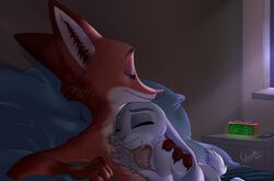 2019 alarm_clock anthro bed canid canine cellphone chest_tuft claws clock cuddling disney duo female fox fur green_eyes hi_res hug inner_ear_fluff judy_hopps lagomorph leporid male mammal nick_wilde night nude phone rabbit relaxable romantic_couple sleeping smile straight tuft zootopia