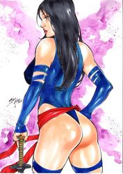 1girls 2018 abstract_background ass betsy_braddock big_breasts black_hair blue_clothing blue_eyes blue_leotard blue_sleeves breasts busty curvaceous curvy dated ed_benes_studio erect_nipples female female_only fingerless_sleeves from_behind holding_object holding_sword holding_weapon homo_superior human iago_maia leotard marvel marvel_comics mutant nail_polish nipple_bulge nipples nipples_visible_through_clothing pink_lips pinup psylocke purple_nail_polish purple_nails red_sash sash signature sleeves solo straight_hair superheroine telepath thong voluptuous x-men