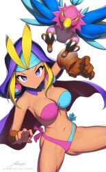 1girls bikini bird blonde_hair blue_bikini blue_swimsuit breasts earrings falconry_glove hair_bun hood looking_at_viewer medium_breasts midriff multicolored_bikini multicolored_swimsuit navel pink_bikini pink_swimsuit purple_eyes revenantart shantae side-tie_bikini side-tie_swimsuit single_glove sky_(shantae) smooth_skin strapless_bikini strapless_swimsuit swimsuit