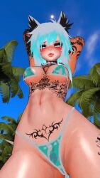 animal_ears bikini bikini_bottom bikini_top blue_hair hip_sway tattoo tattoo_on_belly tattoo_on_chest tattoo_on_legs tattooed_arm