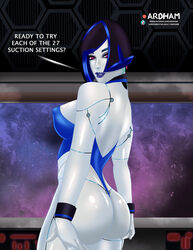 1girls android ardham arms_behind_back ass ass_visible_through_thighs big_ass big_breasts big_butt bob_cut demi_(subverse) display eschergirl gynoid invitation inviting large_ass large_breasts large_nipples metal pinup robot robot_girl robotic_arm seducing seductive seductive_smile studiofow subverse text