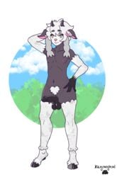 1boy 2019 5_fingers animal_humanoid anthro bovid caprine cloud erection fur girly grass hand_on_hip hooves horn humanoid inner_ear_fluff kemonogami male male_only mammal navel nintendo penis pokemon pokemon_(species) pokemon_ss sheep simple_background smile solo standing testicles video_games wooloo yellow_eyes