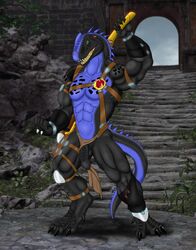 2018 4_toes 5_fingers abs anthro balls barefoot biped black_balls black_claws black_penis black_scales black_tail blue_scales blue_tail bracelet brown_clothing claws clothed clothing clothing_aside detailed_background dewclaw digitigrade dinosaur flaccid front_view full-length_portrait green_eyes harness hi_res jewelry kaa_(artist) loincloth loincloth_aside looking_at_viewer male male_only multicolored_scales multicolored_tail muscular muscular_male open_mouth outside pecs penis portrait quads reptile rock scales scalie sharp_teeth solo spikes stairs standing teeth toe_claws toes two_tone_scales two_tone_tail