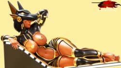 1girls anubis_pharah armor barefoot big_breasts blizzard_entertainment clothed dark-skinned_female helmet kingtigerfr overwatch pasties pharah posing reclining revealing_clothes solo tagme tattoo thick_thighs wide_hips