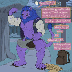 ! ... 1:1 2019 4_toes 5_fingers ? abs anthro backpack balls body_hair bulge claws clothing comic detailed_background dialogue expansion felid field fur growth happy_trail jacket jockstrap koorivlf lamp laugh lion male mammal mane moon mostly_nude muscle_growth muscular muscular_male night pantherine pants penis penis_base penis_outline post_transformation purple_fur sidewalk smile solo speech_bubble teeth tenting toes topwear torn_clothing tree underwear vein veiny_penis were