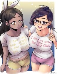 2girls absurd_res bakuatsukiyu big_breasts black_hair breasts broke-chan_(bakuatsukiyu) busty clothes clothes_writing collarbone dark-skinned_female dark-skinned_male dark_skin endo_(ravenhart) english_text female female_only glasses gym_shorts highres light-skinned_female light_skin original peace_sign purple_eyes shorts slightly_chubby t-shirt text text_on_clothing v v_sign yellow_eyes