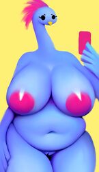 anthro avian belly big_breasts bird blue_feathers breasts feathers female hair huge_breasts ikiki long_neck looking_at_viewer mammal nude overweight overweight_female phone pink_hair pussy simple_background voluptuous yellow_background